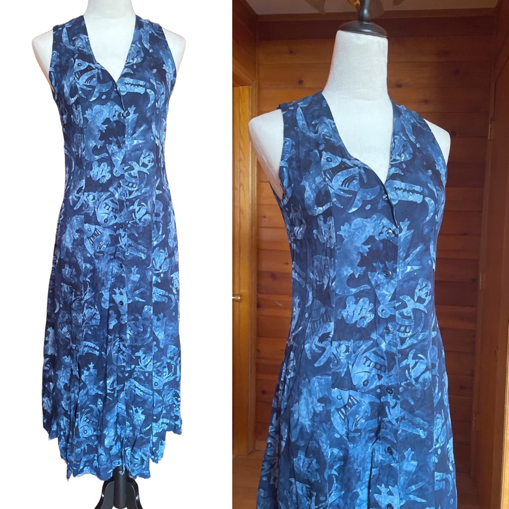 Vintage 90s Sleeveless Button Down Tropical Print Summer Dress Sz Small